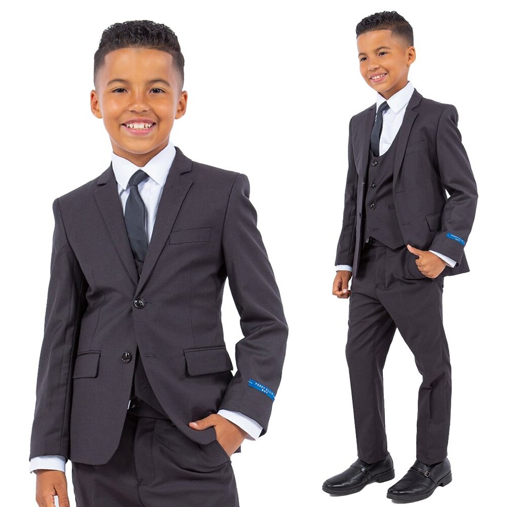 5-Piece Perry Ellis Portfolio Boys Slim Fit Solid Suit, Dark Grey